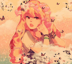 Rule 34 | 1girl, artist name, black vest, blonde hair, bracelet, bug, butterfly, cherry blossoms, cloud, flower, frilled shirt, frilled sleeves, frills, hair flower, hair ornament, heart, highres, holding, holding heart, insect, jewelry, kirisame marisa, linmiee, long hair, no headwear, shirt, short sleeves, touhou, vest, white shirt, yellow eyes