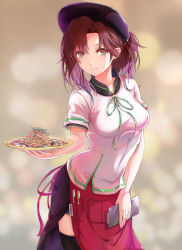 Rule 34 | 1girl, apron, basil leaf, beret, black skirt, black thighhighs, blush, breasts, clam, closed mouth, countlen, cowboy shot, food, hat, holding, holding plate, looking at viewer, medium breasts, original, parted bangs, pasta, plate, ponytail, short sleeves, side slit, skirt, smile, solo, spaghetti, thighhighs