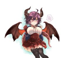 Rule 34 | 1girl, ahoge, black legwear, blush, breasts, brown eyes, claws, clenched hand, dragon horns, dragon tail, dragon wings, granblue fantasy, grea (shingeki no bahamut), hands up, horns, koko (hm142533), large breasts, looking at viewer, pointy ears, purple hair, red eyes, red skirt, shingeki no bahamut, short hair, simple background, skirt, solo, standing, sweatdrop, tail, wings