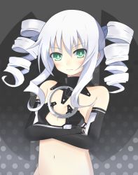 Rule 34 | 10s, 1girl, bare shoulders, black gloves, black sister, blush, breasts, crossed arms, drill hair, female focus, fyrlo, gloves, green eyes, gust, long hair, midriff, neptune (series), nippon ichi, silver hair, small breasts, solo, symbol-shaped pupils, twintails, uni (neptunia)
