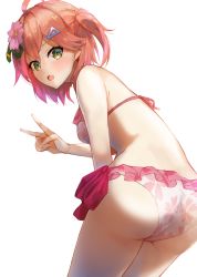 Rule 34 | 1girl, ahoge, armpits, ass, bare shoulders, bikini, cherry blossom print, floral print, flower, frilled bikini, frills, from behind, green eyes, hair flower, hair ornament, hairclip, hololive, konkito, medium hair, official alternate costume, one side up, open mouth, pink bikini, pink hair, print bikini, sakura miko, sakura miko (hololive summer 2019), solo, swimsuit, thighs, v, virtual youtuber, white background