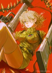 Rule 34 | 1girl, absurdres, ammunition, ammunition belt, anti-materiel cartridge, autocannon, belt, belt-fed, black gloves, blonde hair, blue eyes, breasts, bullet, cannon, cannon cartridge, closed mouth, feet out of frame, finger on trigger, gloves, green skirt, grey hair, gun, hair over one eye, hand up, hellsing, hellsing anti-tank cannon harkonnen ii, highres, holding, holding gun, holding weapon, large-caliber cartridge, large breasts, looking at viewer, military, military uniform, miniskirt, mistcq, one eye covered, pencil skirt, red background, seras victoria, sitting, skirt, skirt set, sleeves rolled up, solo, thighhighs, uniform, watermark, weapon, web address, white thighhighs