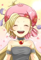 Rule 34 | 1girl, akaho (choco daisuki), bare shoulders, blonde hair, cape, child, choker, commentary request, dissidia final fantasy, dissidia final fantasy opera omnia, earrings, eyelashes, closed eyes, final fantasy, final fantasy vi, hat, highres, jewelry, open mouth, petals, relm arrowny, smile, solo, white background