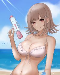 Rule 34 | 1girl, bad id, bad pixiv id, bare arms, bare shoulders, bikini, blunt bangs, breasts, cleavage, collarbone, commentary request, danganronpa (series), danganronpa 2: goodbye despair, danganronpa s: ultimate summer camp, day, frilled bikini, frills, front-tie bikini top, front-tie top, galaga, hair ornament, hairclip, highres, holding, large breasts, nanami chiaki, navel, skindentation, smile, solo, swimsuit, udon no ko, upper body, water gun