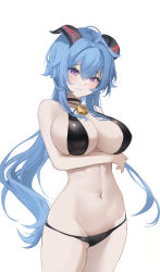 Rule 34 | 1girl, absurdres, ahoge, arm under breasts, bell, bikini, black bikini, black choker, blue hair, blush, breasts, choker, closed mouth, cowbell, cowboy shot, curled horns, ganyu (genshin impact), genshin impact, goat horns, groin, haku (liiixixixiii), highres, horns, large breasts, long hair, looking at viewer, navel, neck bell, purple eyes, raised eyebrows, simple background, skindentation, standing, stomach, swimsuit, wavy mouth, white background