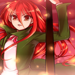 Rule 34 | 00s, 1girl, arm up, blurry, brown eyes, furrowed brow, green jacket, hair between eyes, hairu, jacket, long hair, long sleeves, looking at viewer, open clothes, open jacket, open mouth, pink ribbon, red background, red eyes, red hair, ribbon, shakugan no shana, shana, shirt, simple background, solo, upper body, very long hair, white shirt