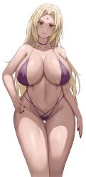 Rule 34 | 1girl, absurdres, bikini, blush, breasts, brown eyes, closed mouth, fingernails, hand on own hip, highres, jasony, large breasts, lips, long hair, nail polish, naruto, naruto (series), navel, purple bikini, red nails, simple background, solo, swimsuit, thighs, tsunade (naruto), white background