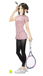 Rule 34 | 1girl, ball, bandaid, bandaid on face, bandaid on forehead, black hair, blush, breasts, closed mouth, douki-chan (douki-chan), from side, full body, ganbare douki-chan, hand up, highres, holding, holding racket, miniskirt, pink shirt, pink skirt, racket, shirt, shoes, short sleeves, simple background, skirt, small breasts, sneakers, solo, standing, tennis ball, tennis racket, white background, yomu (sgt epper)