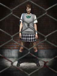 Rule 34 | 1girl, 3d, bad end, blood, eyepatch, female focus, fence, full body, realistic, school uniform, skirt, solo, uniform, yandere, yoshitaka kawakami