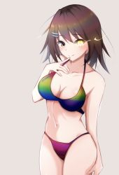 Rule 34 | 1girl, absurdres, bikini, breasts, brown hair, cleavage, commentary request, cowboy shot, furutaka (kancolle), glowing, glowing eye, gradient bikini, grey background, heterochromia, highres, honma (honmatomohiro), kantai collection, looking at viewer, medium breasts, multicolored bikini, multicolored clothes, one-hour drawing challenge, short hair, simple background, smile, solo, standing, swimsuit