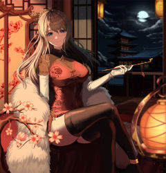 Rule 34 | 1girl, black thighhighs, blue eyes, blurry, blurry foreground, bonsai, bracelet, branch, breasts, brown hair, cherry blossoms, china dress, chinese clothes, closed mouth, cloud, cloudy sky, covered erect nipples, covered navel, crossed legs, depth of field, dress, elbow gloves, facing viewer, full moon, fur collar, fusuma, gloves, impossible clothes, indoors, jewelry, lantern, large breasts, long hair, looking at viewer, medium breasts, mookyuu9, moon, night, night sky, original, pagoda, paper lantern, railing, see-through, short dress, sitting, sky, sliding doors, smile, smoking pipe, solo, swept bangs, thighhighs, tight clothes, tight dress, veranda, zettai ryouiki