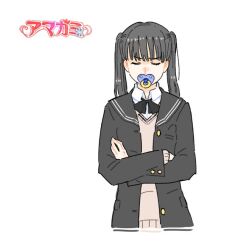 Rule 34 | 1girl, alternate hairstyle, amagami, ayatsuji tsukasa, black hair, black ribbon, brown sweater, closed eyes, collared shirt, copyright name, cropped torso, crossed arms, facing viewer, furrowed brow, jacket, jibakurei (elite unchi), long hair, long sleeves, mouth hold, neck ribbon, open clothes, open jacket, pacifier, ribbon, shirt, simple background, solo, sweater, twintails, upper body, v-shaped eyebrows, white background, white shirt