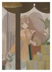 Rule 34 | 1girl, artist name, bag, border, bow, brown hair, chisato charme, closed mouth, dress, feet out of frame, floating hair, flower, grey eyes, hair bow, hand up, highres, holding strap, jar, lace capelet, light smile, long hair, long sleeves, looking at object, neck ribbon, original, ribbon, shoulder bag, sleeve cuffs, solo, standing, statuette, unicorn, white border, white bow, white flower, yellow dress, yellow ribbon
