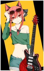 Rule 34 | 1girl, alternate costume, animal ears, braid, breasts, cat ears, contemporary, crop top, denim, denim shorts, electric guitar, extra ears, eyewear on head, fuoco, green shirt, groin, guitar, head tilt, highres, instrument, kaenbyou rin, long hair, long sleeves, looking at viewer, medium breasts, multicolored background, off-shoulder shirt, parted lips, pointy ears, red eyes, red hair, shirt, shorts, solo, touhou, twin braids, unbuttoned, very long hair
