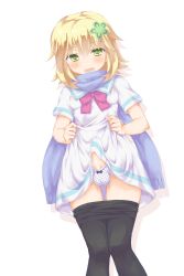 Rule 34 | 10s, 1futa, 2017, artist request, blonde hair, blue scarf, blush, breasts, bulge, clothes pull, covered erect nipples, dress, dress pull, erection, erection under clothes, futanari, gabriel dropout, green eyes, hair between eyes, hair ornament, highres, looking at viewer, nipples, open mouth, panties, pantyhose, pantyhose pull, penis, polka dot, polka dot panties, scarf, short hair, simple background, small breasts, solo, standing, tapris chisaki sugarbell, testicles, thigh gap, uncensored, underwear, white background, white dress
