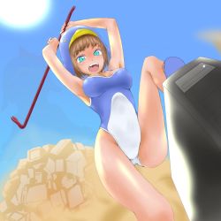 Rule 34 | 1girl, armpits, blue eyes, blue one-piece swimsuit, brown hair, computer, cpu, crowbar, ecoco, ekokuice, female focus, from below, giant, gluteal fold, hat, highres, holding, holding crowbar, linux, looking down, multicolored one-piece swimsuit, one-piece swimsuit, original, os-tan, penguin hat, short hair, silhouette, solo, swimsuit, two-tone swimsuit, white one-piece swimsuit, zzzz