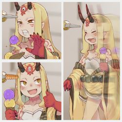 Rule 34 | 1girl, bare shoulders, beads, blonde hair, collagen, collarbone, doorknob, facial mark, fangs, fate/grand order, fate (series), fingernails, food, forehead mark, highres, horns, ibaraki douji (fate), ice cream, japanese clothes, kimono, long hair, meme, off shoulder, oni, oni horns, open mouth, pointy ears, prayer beads, teeth, thumbs up, wide sleeves, yellow eyes, yellow kimono