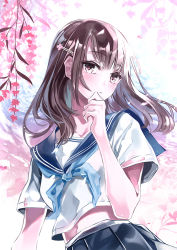 Rule 34 | 1girl, arms up, blouse, blue eyes, blush, brown eyes, brown hair, flower, hair ornament, hairclip, hand on own cheek, hand on own face, lavender (flower), long hair, looking at viewer, mouth hold, navel, neckerchief, original, outdoors, pleated skirt, sailor collar, school uniform, serafuku, shirt, short sleeves, skirt, solo, standing, tree, upper body, yasuno (airy light)