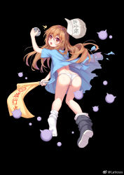 Rule 34 | 1girl, :o, ass, bare legs, baseball cap, black background, blue dress, boots, brown hair, child, commentary request, dress, flag, from behind, hat, hataraku saibou, heart, heart-shaped pupils, highres, holding, holding flag, latioss, long hair, looking at viewer, looking back, open mouth, orange eyes, panties, platelet (hataraku saibou), short sleeves, socks, solo, symbol-shaped pupils, torn clothes, torn dress, underwear, white panties, white socks