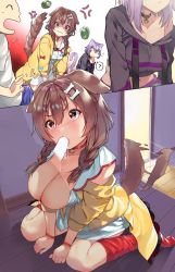 Rule 34 | 1boy, 2girls, ?, absurdres, anger vein, animal ears, blank censor, blush, breasts, brown eyes, brown hair, cat ears, cat tail, censored, cleavage, commentary request, dog ears, dog tail, fellatio, hair ornament, highres, hololive, inugami korone, inugami korone (1st costume), kneeling, koubou (cowbow kun), large breasts, listener (inugami korone), multiple girls, nekomata okayu, nekomata okayu (1st costume), oral, penis, purple hair, tail, tail wagging, virtual youtuber