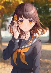 Rule 34 | 1girl, arm at side, black serafuku, black skirt, blurry, blurry background, blush, bow, braid, brown hair, day, floating hair, floral print, flower, gradient hair, hair bow, hair flower, hair ornament, hair ribbon, tucking hair, hand up, highres, long sleeves, looking at viewer, multicolored hair, neckerchief, orange eyes, orange hair, orange neckerchief, original, osmanthus, pleated skirt, ribbon, school uniform, serafuku, short hair, short hair with long locks, side braid, single braid, skirt, skirt set, smile, solo, streaked hair, two-tone hair, upper body, usamochi., white bow, white ribbon