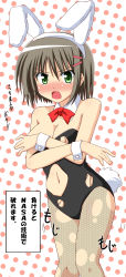 Rule 34 | 00s, 1girl, aizawa sakuya, animal ears, bare shoulders, blush, breasts, brown hair, cleavage, embarrassed, fake animal ears, fang, fishnet pantyhose, fishnets, green eyes, hair ornament, hairclip, hayate no gotoku!, highres, lask, medium breasts, navel, open mouth, pantyhose, playboy bunny, rabbit ears, short hair, silver hair, solo, tail, torn clothes, translation request