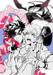 Rule 34 | absurdres, battle tendency, bracelet, caesar anthonio zeppeli, casual, cross, cross necklace, demon tail, demon wings, feather hair ornament, feathers, fingerless gloves, floating, gloves, green eyes, hair ornament, highres, jewelry, jojo no kimyou na bouken, joseph joestar, joseph joestar (young), low wings, midriff, nail polish, necklace, nigelungdayo, no headwear, pink scarf, red eyes, red scarf, scarf, spot color, striped clothes, striped scarf, surprised, tail, triangle print, wings, wristband