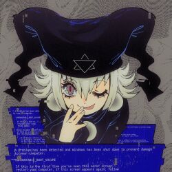 Rule 34 | 1girl, black hat, black shirt, blue screen of death, commission, flipped hair, glitch, grey background, hat, hexagram, highres, jester cap, large earrings, long sleeves, mayura, one eye closed, shirt, short hair, sidelocks, soggyworms, solo, star of david, tongue, tongue out, ukagaka, upper body, white hair