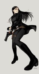 1girl ammunition_belt belt black_hair boots coat commission fishine gloves gun handgun high_heels highres holster long_hair looking_to_the_side original revolver signature solo thigh_holster turtleneck weapon