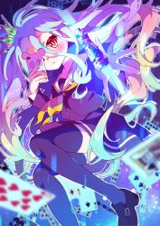 Rule 34 | 1girl, absurdres, black footwear, blurry, blush, card, cellphone, commentary request, crown, floating hair, gradient hair, hair between eyes, hand up, highres, holding, holding phone, long hair, long sleeves, looking at viewer, mini crown, multicolored hair, no game no life, phone, playing card, pon yui, sailor collar, school uniform, serafuku, shiro (no game no life), shirt, shoes, skirt, solo, spread fingers, thighhighs, very long hair, yellow eyes