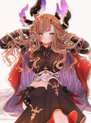 Rule 34 | 1girl, absurdres, arms up, black gloves, blurry, blurry foreground, blush, breasts, brown hair, cape, crop top, depth of field, detached pants, elbow gloves, feet out of frame, gloves, granblue fantasy, green eyes, hair ornament, hands in hair, highres, knees up, large breasts, long hair, midriff, navel, parted lips, purple cape, rice tea, sitting, sleeveless, solo, triangle mouth, tweyen (granblue fantasy), very long hair, wavy hair