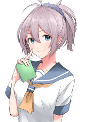 Rule 34 | 10s, 1girl, absurdres, aoba (kancolle), blue eyes, blush, book, breasts, closed mouth, collarbone, hair between eyes, hair ornament, hair scrunchie, highres, holding, holding book, kantai collection, light purple hair, long hair, looking at viewer, medium breasts, messy hair, morinaga miki, neckerchief, notebook, ponytail, school uniform, scrunchie, serafuku, short sleeves, simple background, smile, solo, upper body, white background