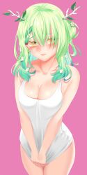 Rule 34 | 1girl, absurdres, alternate costume, antlers, blush, breasts, ceres fauna, flower, green hair, hair flower, hair ornament, highres, hololive, hololive english, horns, long hair, medium breasts, oioi ainomo, shirt, shy, solo, t-shirt, virtual youtuber
