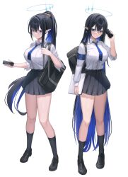 Rule 34 | 1girl, bag, black footwear, black hair, black skirt, black socks, blue archive, blue eyes, blue hair, blue halo, blue necktie, breasts, cellphone, collared shirt, colored inner hair, giga-tera, glasses, halo, highres, holding, holding phone, large breasts, long hair, multicolored hair, multiple views, nail polish, necktie, parted lips, phone, pleated skirt, pointy ears, ponytail, rin (blue archive), school bag, shirt, shoes, simple background, skirt, smartphone, socks, w, white shirt