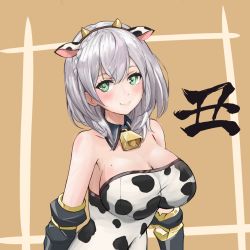 Rule 34 | 1girl, animal ears, animal print, bell, black collar, black sleeves, braid, breasts, brown background, chinese zodiac, cleavage, closed mouth, collar, commentary, covered navel, cow ears, cow horns, cow print, cowbell, detached collar, detached sleeves, fake animal ears, fake horns, green eyes, grey hair, highres, hololive, horns, kanji, kumagapaniti, large breasts, leotard, looking at viewer, medium hair, mole, mole on breast, neck bell, new year, print leotard, shirogane noel, smile, solo, translated, upper body, virtual youtuber, white leotard, wing collar, year of the ox