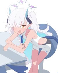 Rule 34 | 1girl, absurdres, ahoge, bike shorts, black shorts, blue archive, blue hair, blue necktie, bodysuit, clothing cutout, colored inner hair, commentary, demon girl, demon horns, demon tail, feet out of frame, flat chest, hagoonha, hair between eyes, halo, highres, horns, leaning on table, long hair, looking at viewer, multicolored hair, necktie, one eye closed, open mouth, orange eyes, pointy ears, purple halo, shorts, side cutout, sitting, sleeveless, sleeveless bodysuit, solo, star halo, sumomo (blue archive), tail, two-tone hair, two side up, white bodysuit, white hair