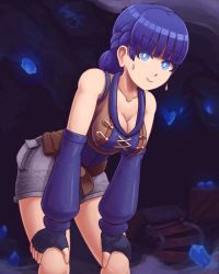 Rule 34 | 1girl, azzypics, bent over, blue eyes, blue hair, breasts, cave, cleavage, cleavage cutout, clothing cutout, crystal, detached sleeves, genshin impact, gloves, hands on own knees, highres, jinwu (genshin impact), medium breasts, shorts, signature, solo, thighs
