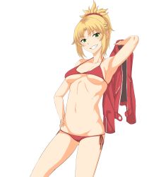 Rule 34 | 1girl, absurdres, araki jeccy, arm up, armpits, bikini, blonde hair, blush, braid, breasts, commentary request, cowboy shot, fate/apocrypha, fate (series), green eyes, grin, hair ornament, hair scrunchie, halterneck, hand on own hip, highres, holding, holding clothes, holding jacket, jacket, leather, leather jacket, long hair, looking at viewer, medium breasts, mordred (fate), mordred (fate/apocrypha), mordred (swimsuit rider) (first ascension) (fate), navel, red bikini, scrunchie, side-tie bikini bottom, simple background, smile, solo, standing, swimsuit, teeth, underboob, white background