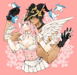 Rule 34 | 1boy, 1girl, animal ears, warrior of light (ff14), bandage on elbow, bandaid, bandaid on arm, bird, bird on hand, black gloves, black hair, blue bird, blue ribbon, bomb (final fantasy), bow, braid, breasts, cat ears, cherry blossoms, cleavage, corset, couple, cowboy shot, dress, facial mark, facial scar, fake horns, final fantasy, final fantasy xiv, floral background, flower, gloves, hair bow, hair ribbon, helmet, highres, holding, holding flower, holding hands, horned helmet, horns, kaka ff14, large breasts, long hair, medium hair, mini wings, miqo&#039;te, orange eyes, parted lips, pendant choker, pink background, pink hair, pleated dress, red eyes, ribbon, scar, scar on arm, scar on cheek, scar on face, short sleeves, topless male, white bow, white dress, white gloves, white wings, wings