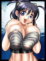 Rule 34 | 1girl, :d, areola slip, artist name, black hair, blue eyes, border, breasts, breasts squeezed together, cleavage, covered erect nipples, glasses, hair ribbon, happy, head tilt, high ponytail, hinata aki, hip focus, huge breasts, impossible clothes, keroro gunsou, lipstick, looking at viewer, makeup, mature female, nipple slip, nipples, open mouth, photo background, pichipichi garou r, pichipichi r, pince-nez, ponytail, red lips, ribbon, rimless eyewear, rui (pichipichi garou r), sidelocks, smile, solo, strapless, striped, tube top, twisted breasts, two side up, upper body, water, wet