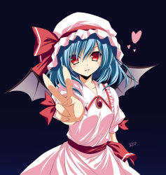 Rule 34 | 1girl, aqua hair, bad id, bad pixiv id, bat wings, blue background, blue hair, blush, dark background, female focus, gradient background, hat, heart, parted lips, red eyes, remilia scarlet, short hair, signature, smile, solo, touhou, v, wings, zinno