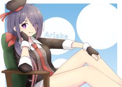 Rule 34 | 1girl, absurdres, ariake (kancolle), black gloves, black headwear, chair, character name, collared shirt, commentary request, fingerless gloves, gloves, grey skirt, hair over one eye, hand on own face, highres, kantai collection, long hair, long sleeves, looking at viewer, necktie, parted lips, pleated skirt, purple eyes, purple hair, red necktie, shirt, shonasan, simple background, sitting, skirt, smile, solo