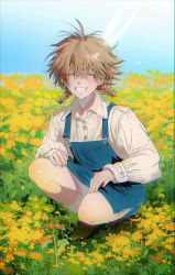 Rule 34 | 1boy, blue sky, braid, brown hair, child, chromatic aberration, clear sky, colored eyelashes, day, denim, closed eyes, facing viewer, flower, grass, grin, highres, long sleeves, male focus, original, overall skirt, overalls, puffy sleeves, short hair, sky, smile, solo, squatting, twintails, volff