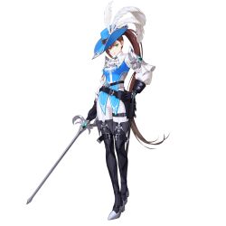Rule 34 | 1girl, armor, belt, belt buckle, black gloves, black survival, blue hat, blue shirt, boots, breasts, brown hair, buckle, cavalier hat, closed mouth, cross, emblem, eternal return: black survival, feathers, fiora pellerin, flower (symbol), frills, full body, gem, gloves, green eyes, green gemstone, hair between eyes, hat, high heels, highres, holding, holding rapier, holding weapon, long hair, long sleeves, looking at viewer, medium breasts, multiple belts, musketeer, official alternate costume, official art, pants, pauldrons, ponytail, pumps, rapier, scabbard, sheath, shirt, shoes, shoulder armor, simple background, solo, standing, sword, thigh boots, thighhighs, uniform, very long hair, weapon, white background, white feathers, white pants