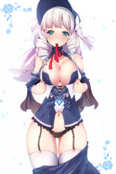 Rule 34 | 00s, 1girl, black panties, blue eyes, blunt bangs, blush, bonnet, breasts, cleavage, drill hair, dungeon and fighter, floral print, garter straps, large breasts, long hair, looking at viewer, mouth hold, navel, panties, ripe.c, solo, thighhighs, underwear, white hair, white thighhighs