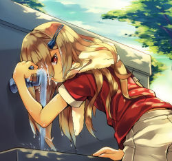 Rule 34 | 1boy, afuro terumi, bad id, bad pixiv id, blonde hair, chiko (mizuho), faucet, inazuma eleven, inazuma eleven (series), lean over, leaning forward, long hair, looking at viewer, looking back, male focus, mizuho1020, red eyes, sink, soccer uniform, solo, sportswear, towel, trap, very long hair, water