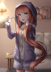 Rule 34 | 1girl, :d, asymmetrical hair, black hair, bow, brown hair, cellphone, character name, couch, cowboy shot, doki doki literature club, earphones, english text, closed eyes, green eyes, grey jacket, grey shorts, hair bow, hair ribbon, highres, holding, holding phone, hood, hooded jacket, indoors, jacket, long hair, monika (doki doki literature club), natsuki (doki doki literature club), one eye closed, open clothes, open jacket, open mouth, phone, pink hair, ponytail, red ribbon, ribbon, sasoura, sayori (doki doki literature club), shirt, short shorts, shorts, smartphone, smile, solo, standing, twintails, unzipped, v, very long hair, white bow, yuri (doki doki literature club)