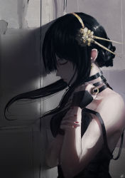 Rule 34 | 1girl, absurdres, against wall, bare arms, black hair, braid, closed eyes, closed mouth, flower, from side, hair flower, hair ornament, hairband, highres, holding, holding weapon, kyatto-mikazu, nail polish, profile, red nails, short hair with long locks, sidelocks, signature, solo, spy x family, strap slip, upper body, weapon, yellow flower, yellow hairband, yor briar