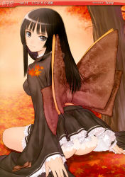 Rule 34 | 1girl, absurdres, ass, autumn, autumn leaves, black hair, bow, frills, from behind, gathers, grey eyes, highres, japanese clothes, kimono, leaf, long hair, looking back, nature, no panties, non-web source, on ground, original, scan, short kimono, sitting, smile, solo, tony taka, tree