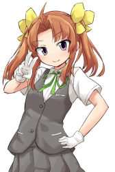 Rule 34 | 1girl, ahoge, brown hair, closed mouth, commentary, dress shirt, gloves, green ribbon, grey skirt, grey vest, hair ribbon, hand on own hip, kagerou (kancolle), kakizaki (chou neji), kantai collection, looking at viewer, medium hair, neck ribbon, parted bangs, pleated skirt, purple eyes, ribbon, school uniform, shirt, short sleeves, simple background, skirt, smile, solo, twintails, v, vest, white background, white gloves, white shirt, wing collar, yellow ribbon